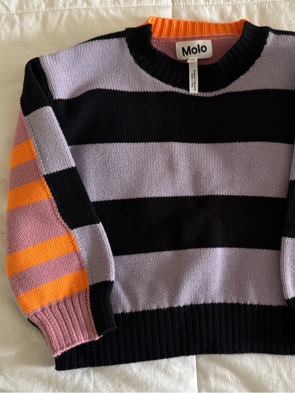 Molo Striped Sweater in Lavender, Black and Orange Trim